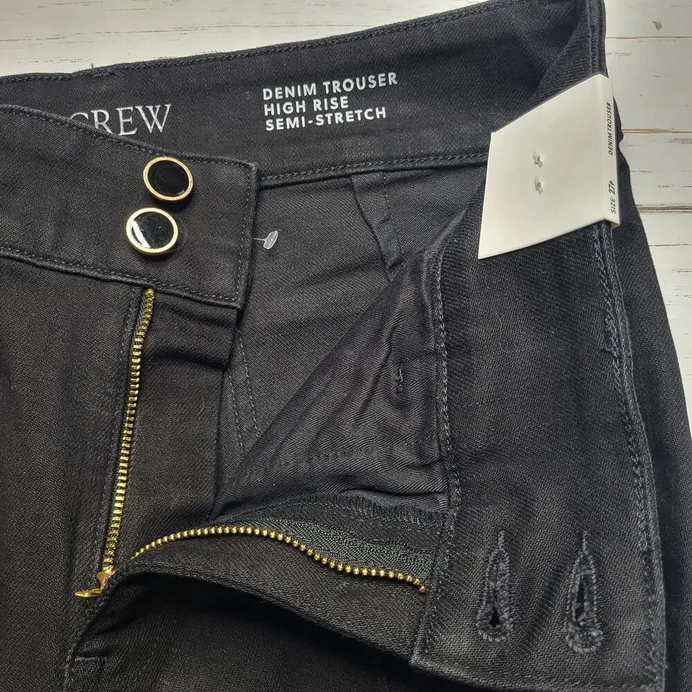 J Crew Petite Denim Trouser Jeans Wide Leg Black Stacked Button Semi Stretch 27P